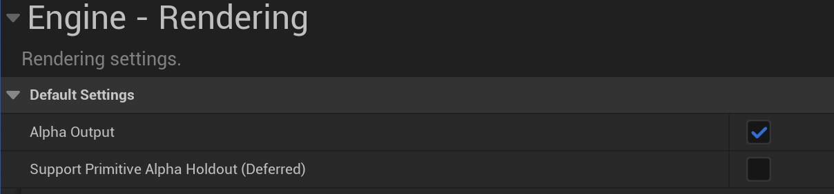 Unreal Engine 5.5 Project Settings -> Rendering -> Alpha Output