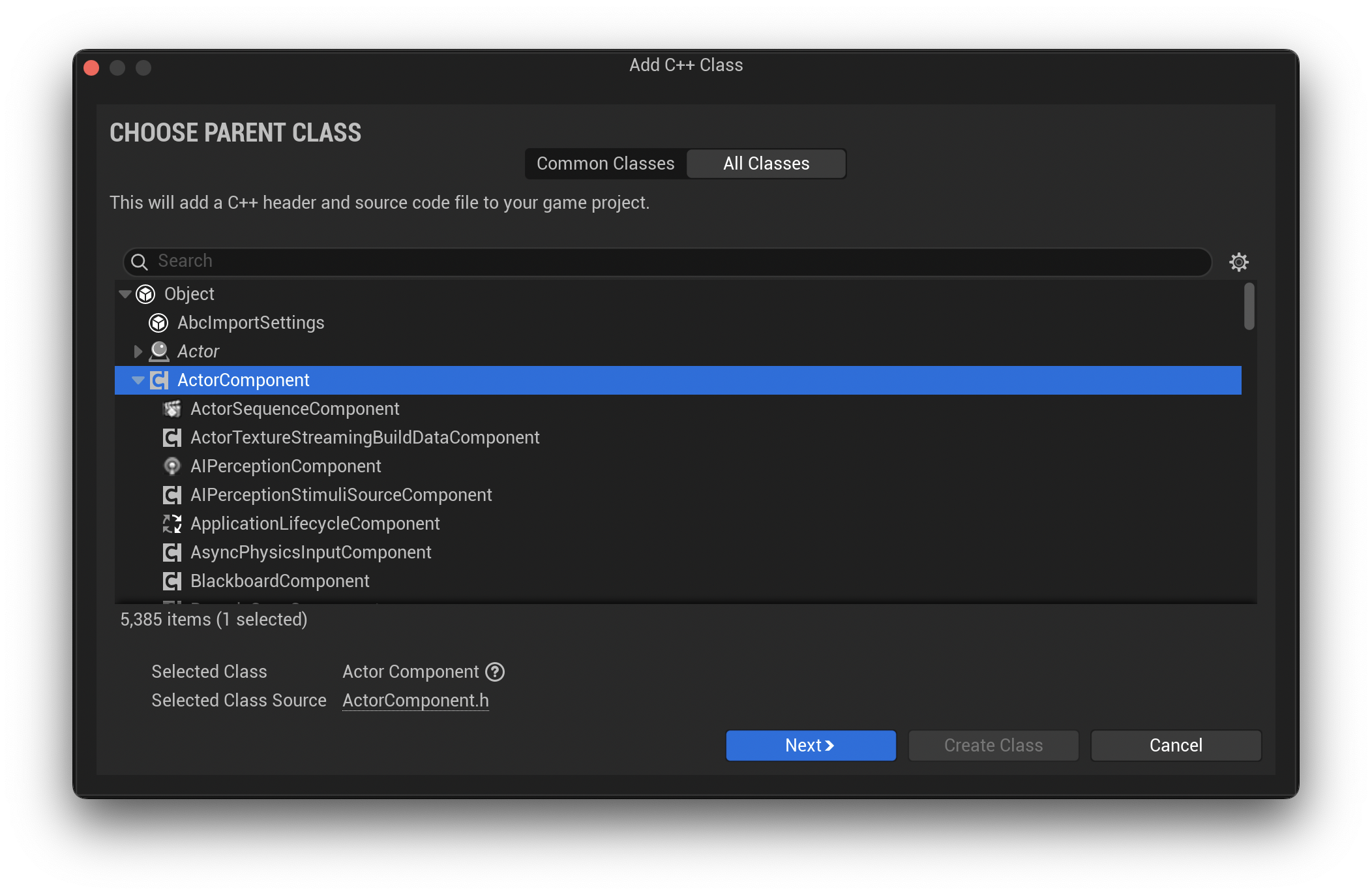 Unreal Engine 5 Add C++ Class Dialog